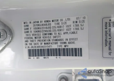 2010 Honda Cr-V Ex z USA, uszkodzony, nr VIN JHLRE4H59AC015471